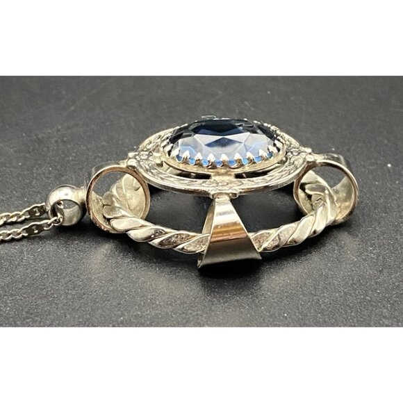 Vintage Blue Glass Pendant Necklace Faceted Silver Tone Dog Tooth Ornate Setting - Picture 4 of 9
